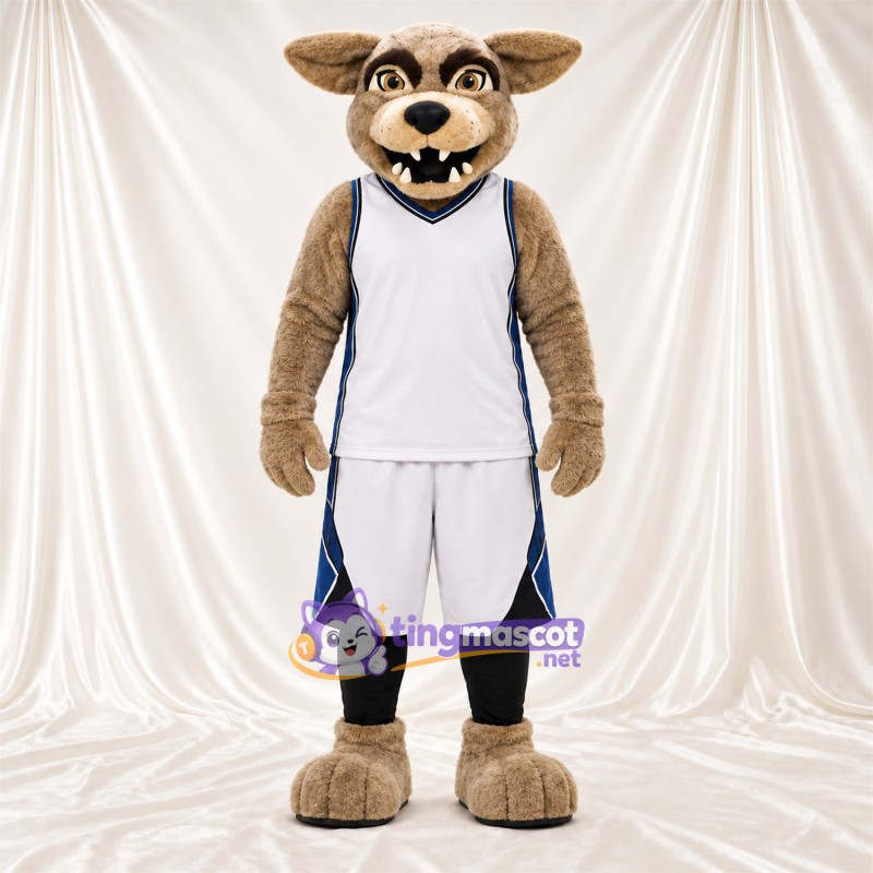 Costume de mascotte Coyote – brun clair – Tenue de basket (blanc) Costume de mascotte Coyote – brun clair – Tenue de basket (blanc)