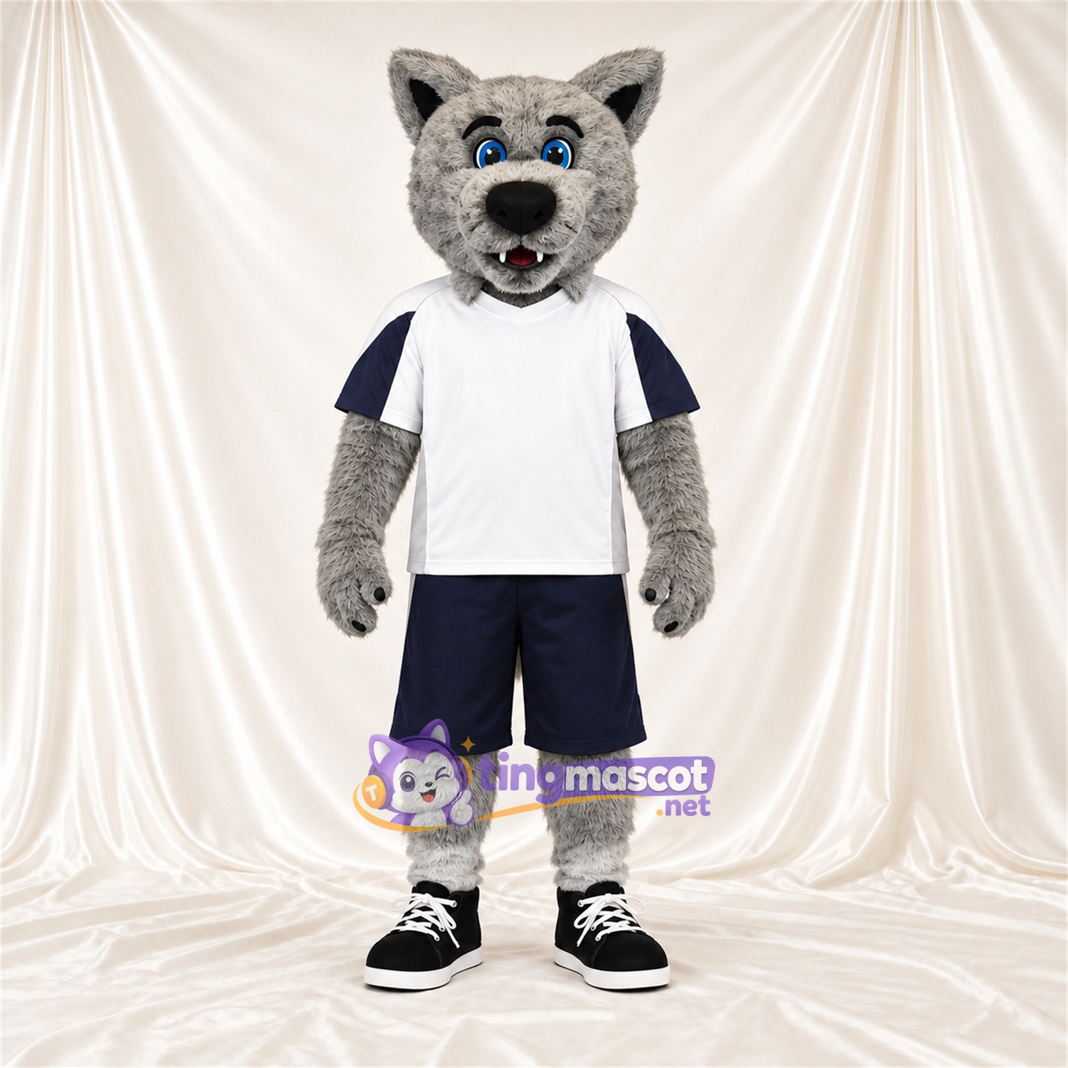 Costume de mascotte Loup – gris – Chemise (blanc); Short Costume de mascotte Loup – gris – Chemise (blanc); Short
