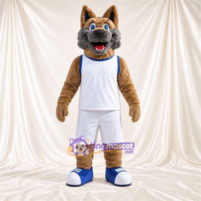 Maskottchenkostüm Kojote – hellbraun / grau – Basketballtrikot (weiß) Maskottchenkostüm Kojote – hellbraun / grau – Basketballtrikot (weiß)