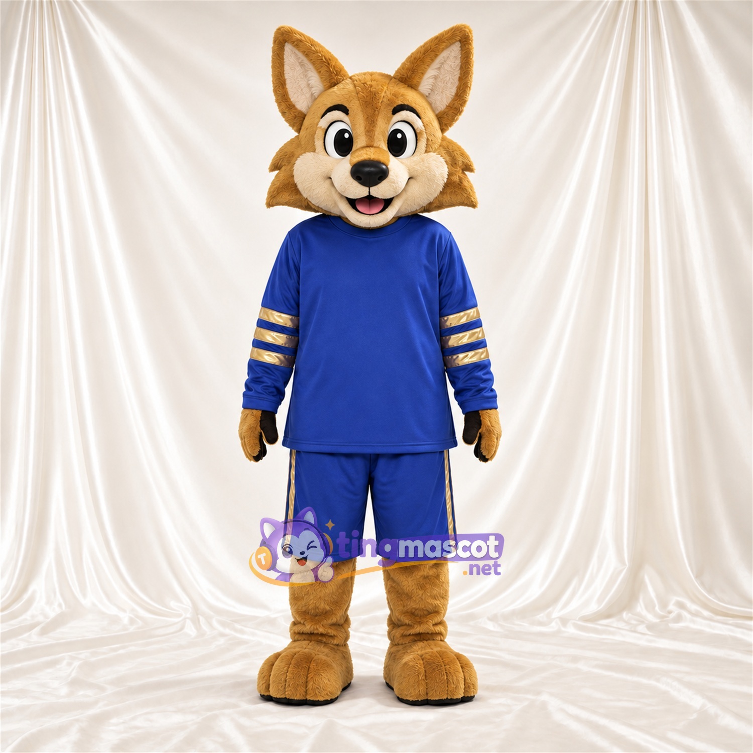 Costume de mascotte Coyote – brun clair – Tenue de sport (bleu) Costume de mascotte Coyote – brun clair – Tenue de sport (bleu)