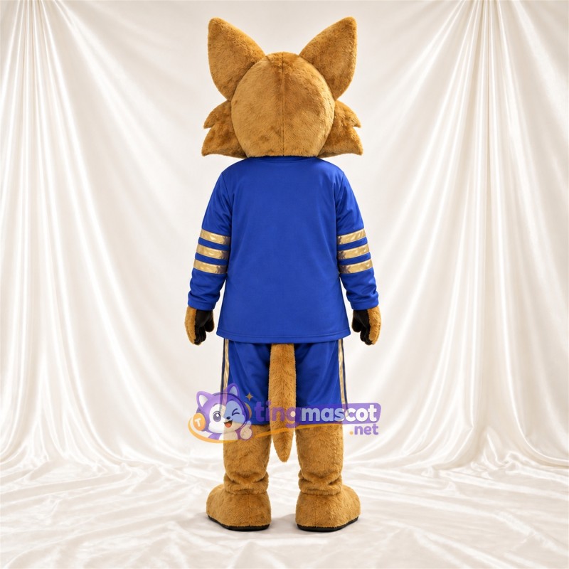 Costume de mascotte Coyote – brun clair – Tenue de sport (bleu) Costume de mascotte Coyote – brun clair – Tenue de sport (bleu)