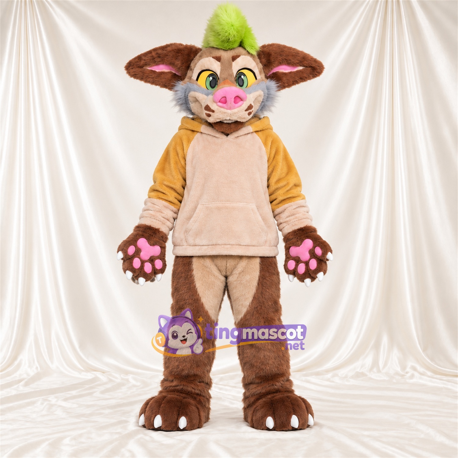 Costume de mascotte Créature fantastique – marron – Sweat à capuche (jaune); Touffe de cheveux (vert) Costume de mascotte Créature fantastique – marron – Sweat à capuche (jaune); Touffe de cheveux (vert)