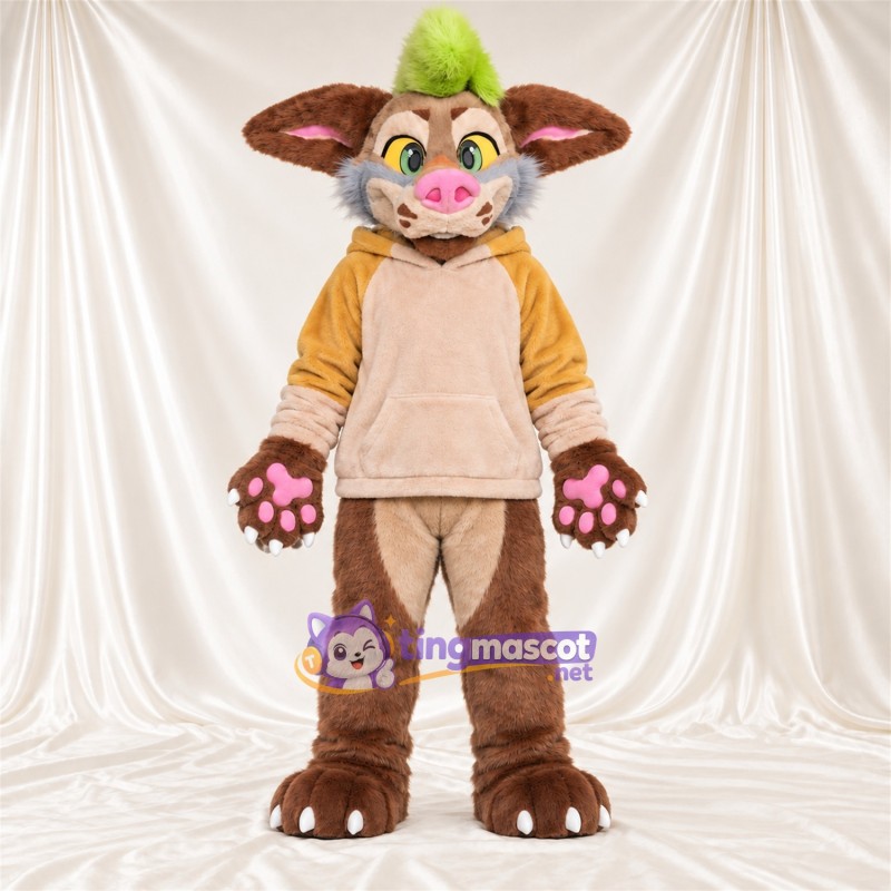 Costume de mascotte Créature fantastique – marron – Sweat à capuche (jaune); Touffe de cheveux (vert) Costume de mascotte Créature fantastique – marron – Sweat à capuche (jaune); Touffe de cheveux (vert)