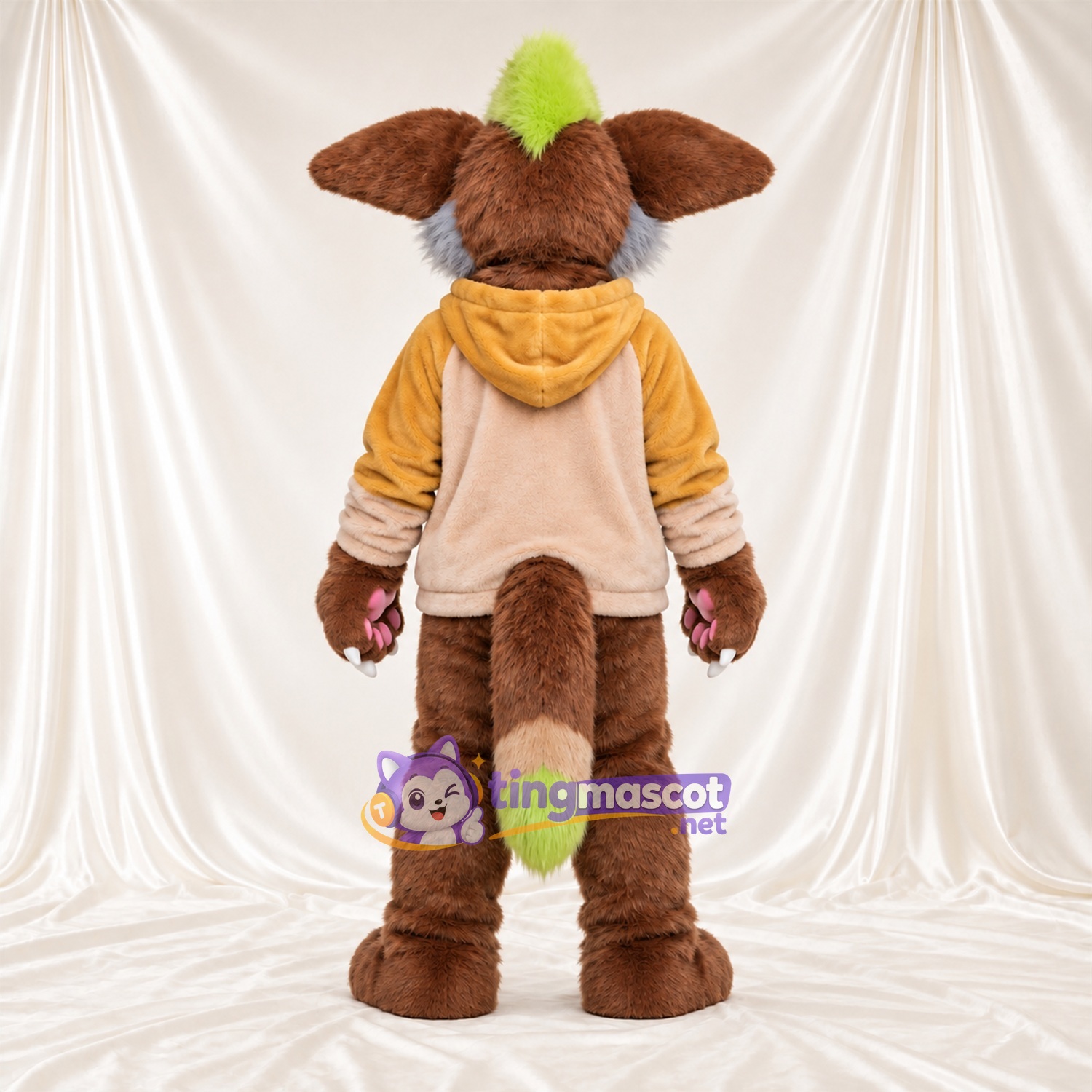 Costume de mascotte Créature fantastique – marron – Sweat à capuche (jaune); Touffe de cheveux (vert) Costume de mascotte Créature fantastique – marron – Sweat à capuche (jaune); Touffe de cheveux (vert)