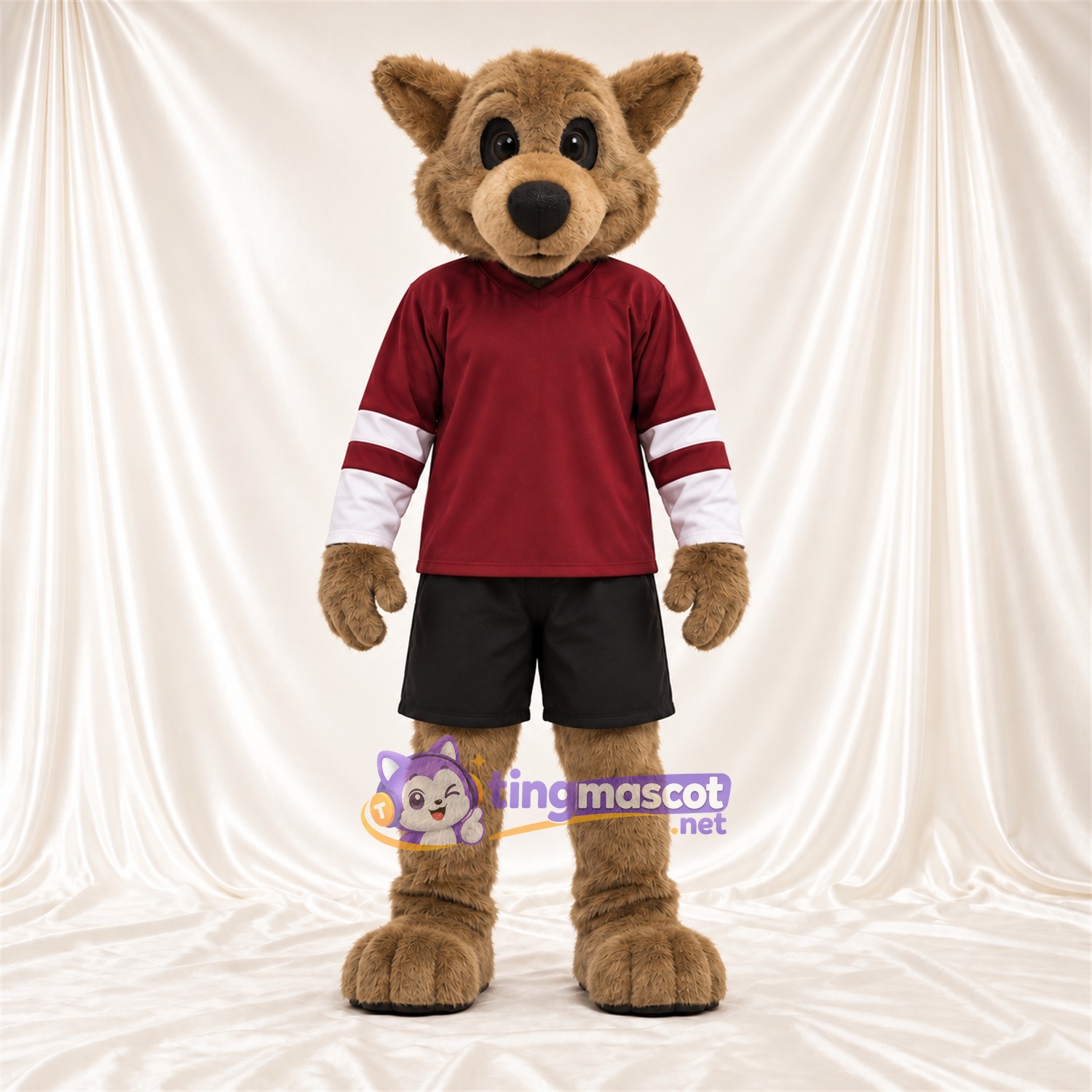 Costume de mascotte Loup – marron – Chemise (bordeaux); Short (noir) Costume de mascotte Loup – marron – Chemise (bordeaux); Short (noir)