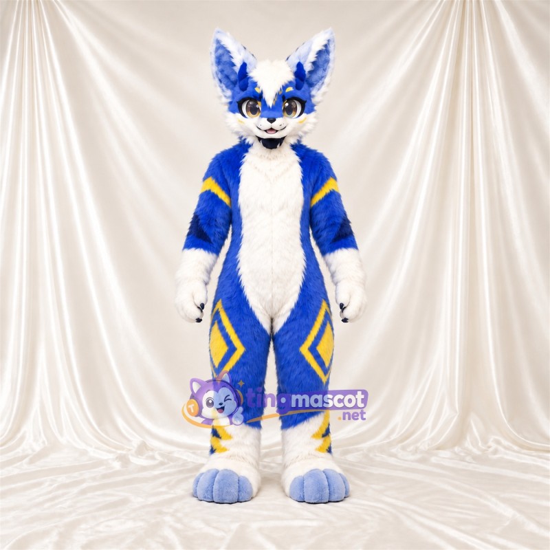 Costume de mascotte Coyote – bleu / blanc – Touches de couleur (jaune) Costume de mascotte Coyote – bleu / blanc – Touches de couleur (jaune)