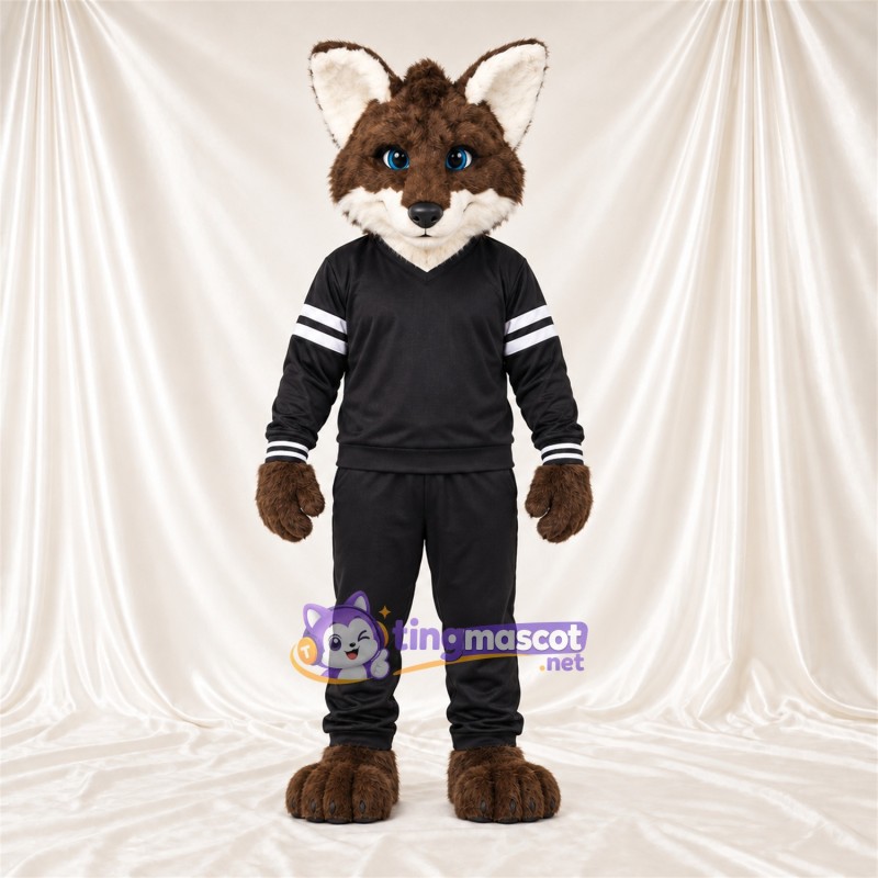 Maskottchenkostüm Fuchs – braun / weiß – Trainingsanzug (schwarz) Maskottchenkostüm Fuchs – braun / weiß – Trainingsanzug (schwarz)