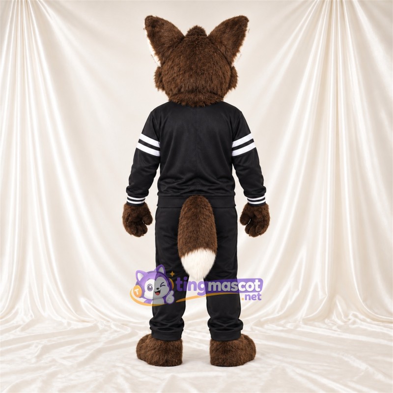 Maskottchenkostüm Fuchs – braun / weiß – Trainingsanzug (schwarz) Maskottchenkostüm Fuchs – braun / weiß – Trainingsanzug (schwarz)
