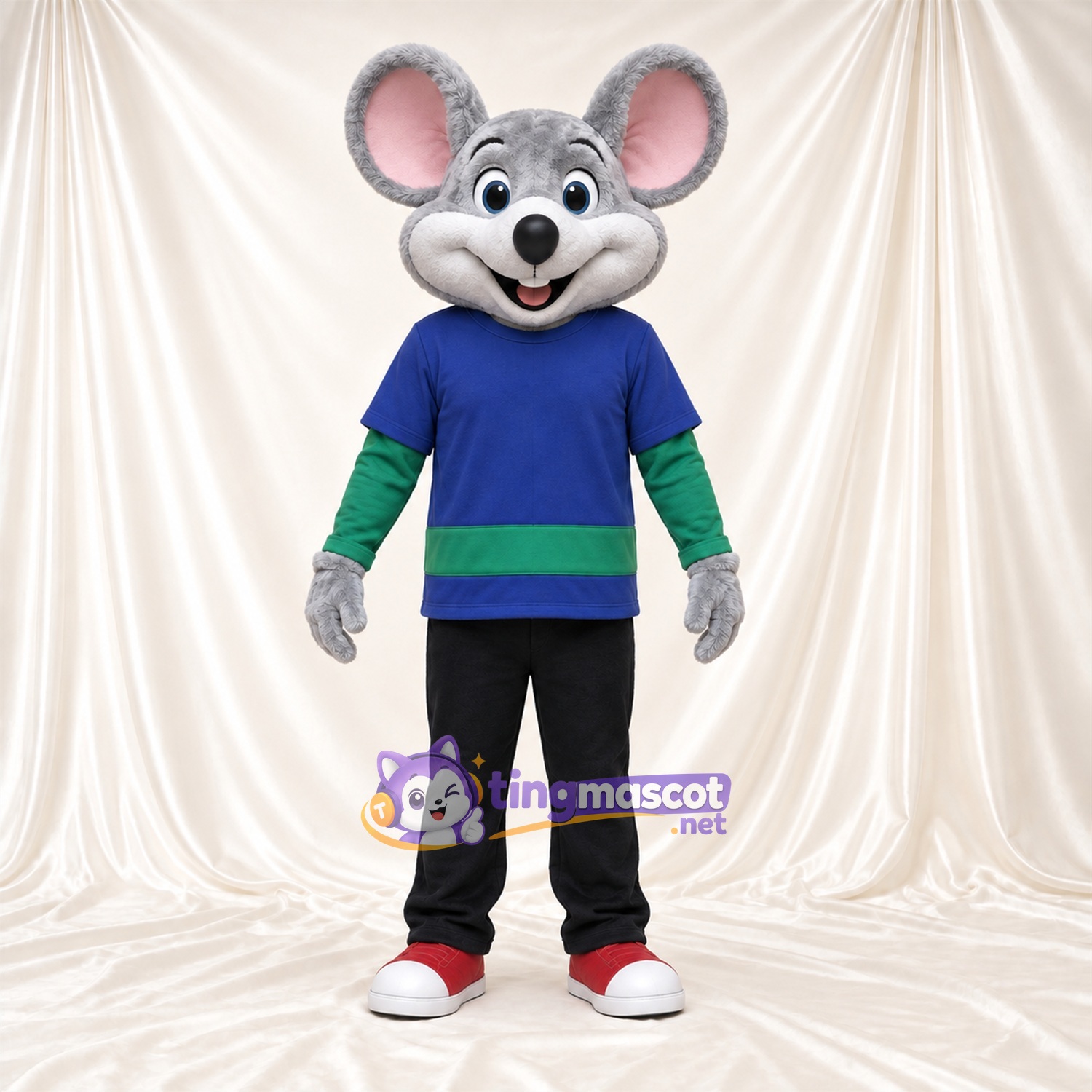 Costume de mascotte Souris – gris – Chemise (bleu / vert); Pantalon (noir) Costume de mascotte Souris – gris – Chemise (bleu / vert); Pantalon (noir)