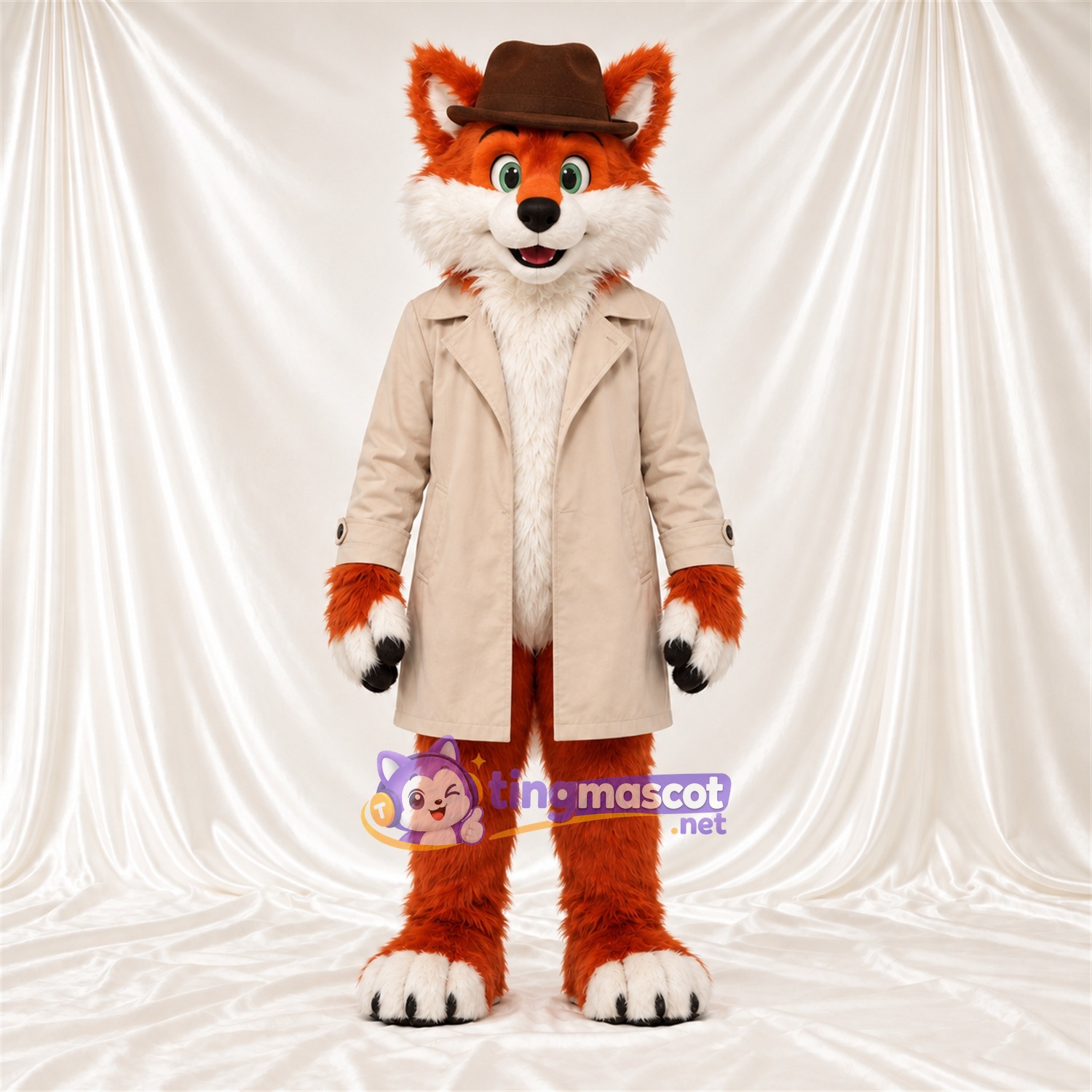 Maskottchenkostüm Fuchs – orange / weiß – Mantel; Hut (braun) Maskottchenkostüm Fuchs – orange / weiß – Mantel; Hut (braun)