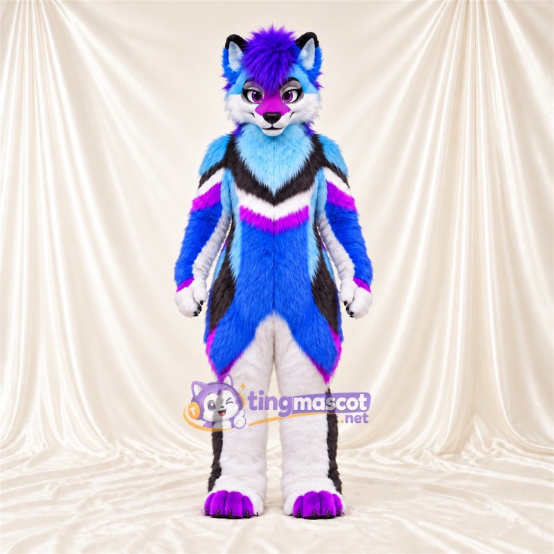Costume de mascotte Coyote – bleu / violet / blanc Costume de mascotte Coyote – bleu / violet / blanc