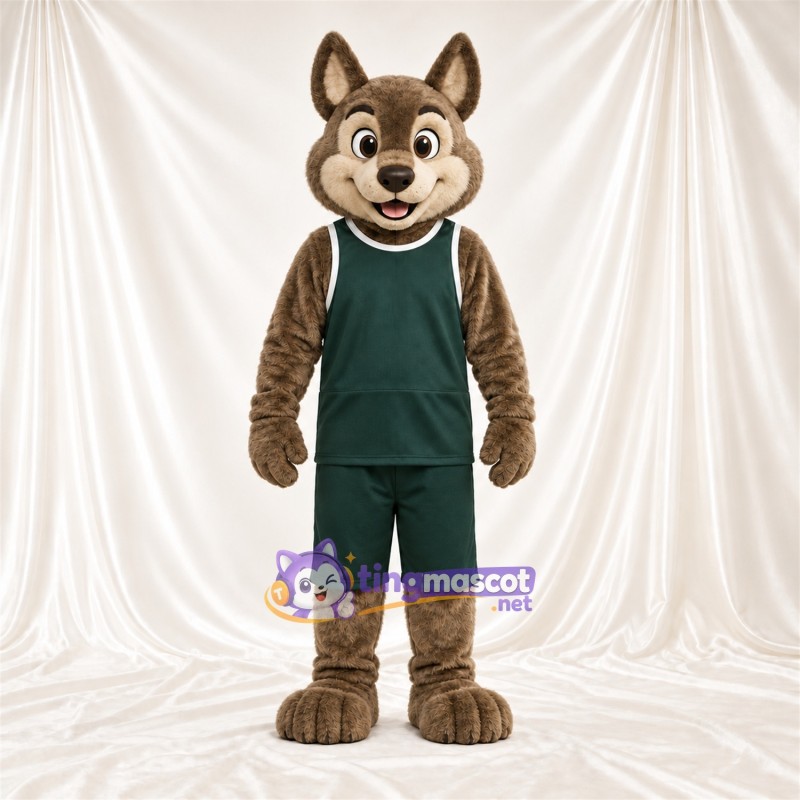 Maskottchenkostüm Kojote – braun – Basketballtrikot (grün); Runder Schwanz Maskottchenkostüm Kojote – braun – Basketballtrikot (grün); Runder Schwanz