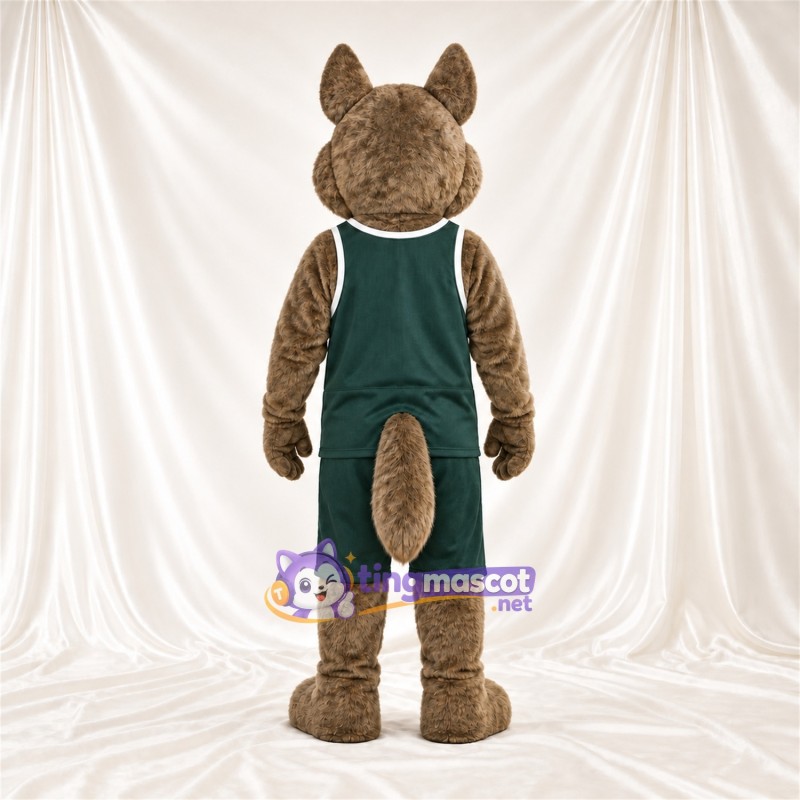 Maskottchenkostüm Kojote – braun – Basketballtrikot (grün); Runder Schwanz