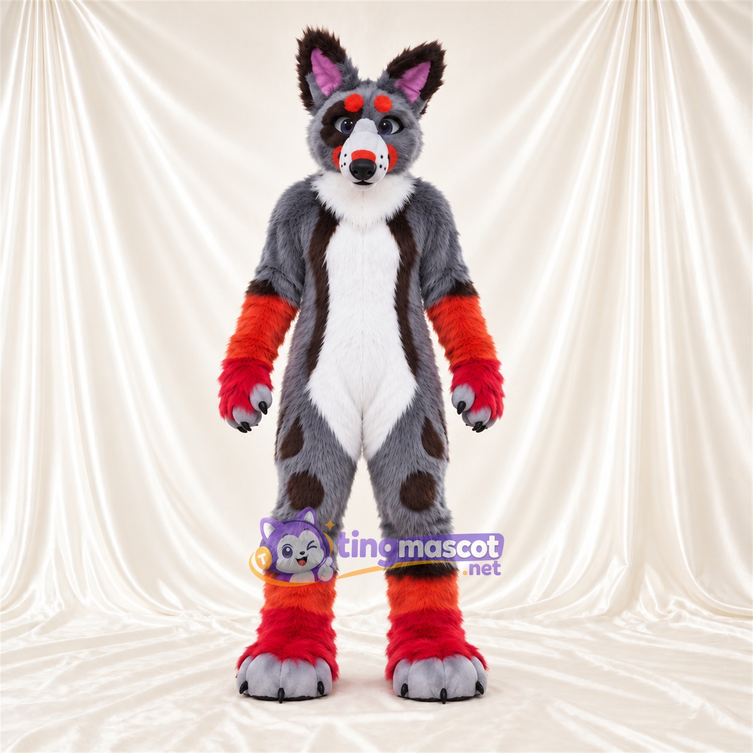 Gray, Red and White Coyote Mascot Costume Gray, Red and White Coyote Mascot Costume