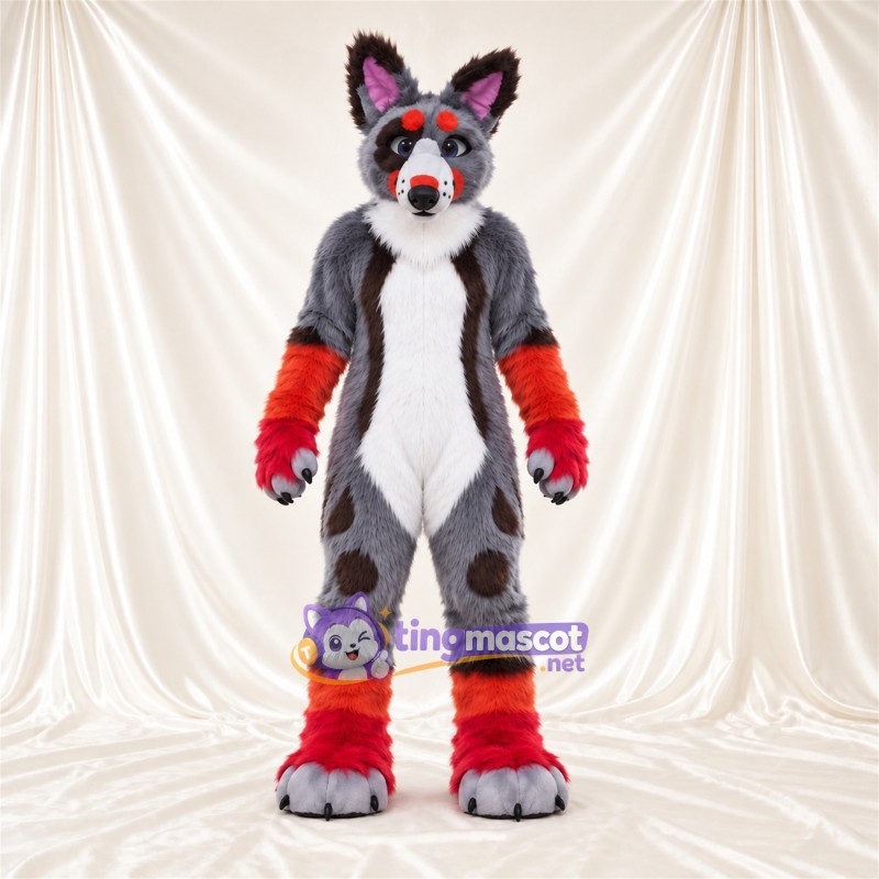 Gray, Red and White Coyote Mascot Costume Gray, Red and White Coyote Mascot Costume