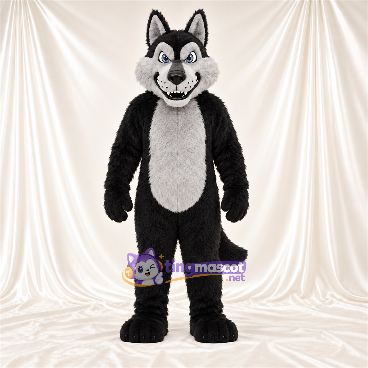 Black and White Coyote Mascot Costume - Gray Tail and Toothy Grin Black and White Coyote Mascot Costume - Gray Tail and Toothy Grin