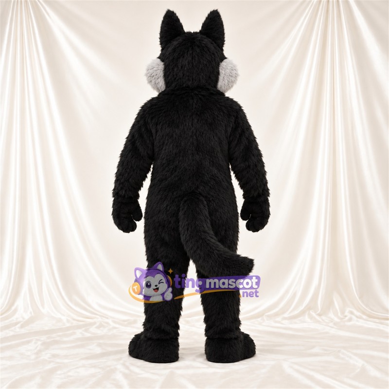 Black and White Coyote Mascot Costume - Gray Tail and Toothy Grin Black and White Coyote Mascot Costume - Gray Tail and Toothy Grin