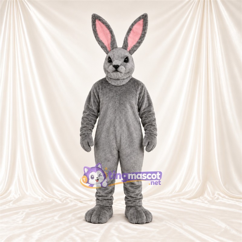 Costume de mascotte Lapin – gris – Intérieur des oreilles (rose); Fourrure hirsute