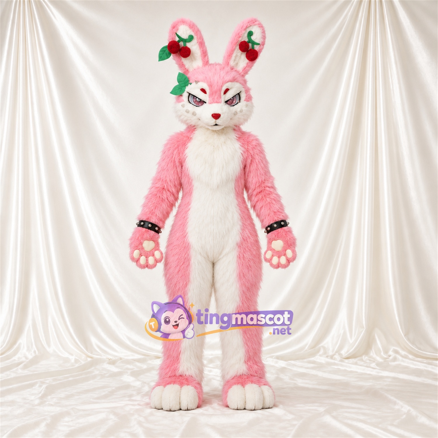 Maskottchenkostüm Hase – rosa / weiß – Blumenschmuck an den Ohren Maskottchenkostüm Hase – rosa / weiß – Blumenschmuck an den Ohren