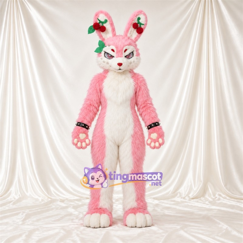 Maskottchenkostüm Hase – rosa / weiß – Blumenschmuck an den Ohren Maskottchenkostüm Hase – rosa / weiß – Blumenschmuck an den Ohren