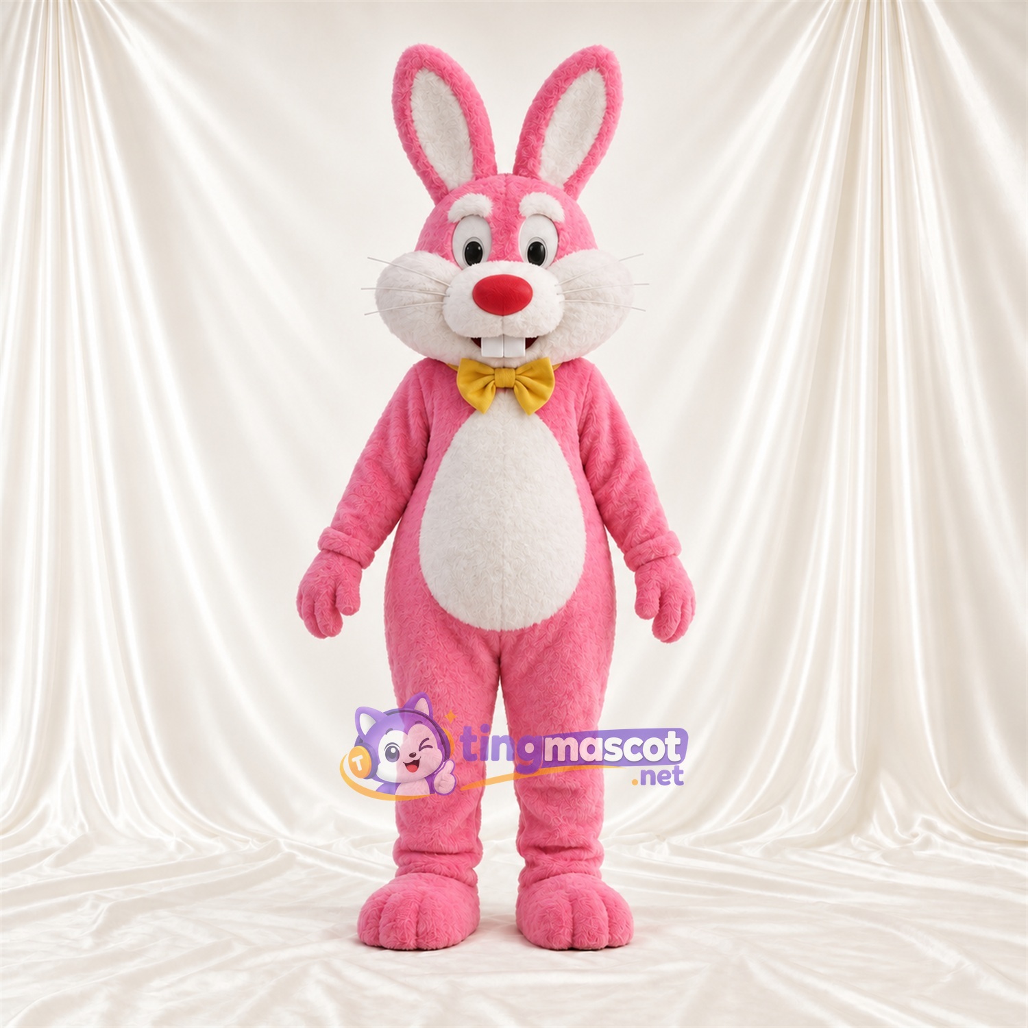 Costume de mascotte Lapin – rose – Nœud papillon (jaune); Intérieur des oreilles (blanc) Costume de mascotte Lapin – rose – Nœud papillon (jaune); Intérieur des oreilles (blanc)