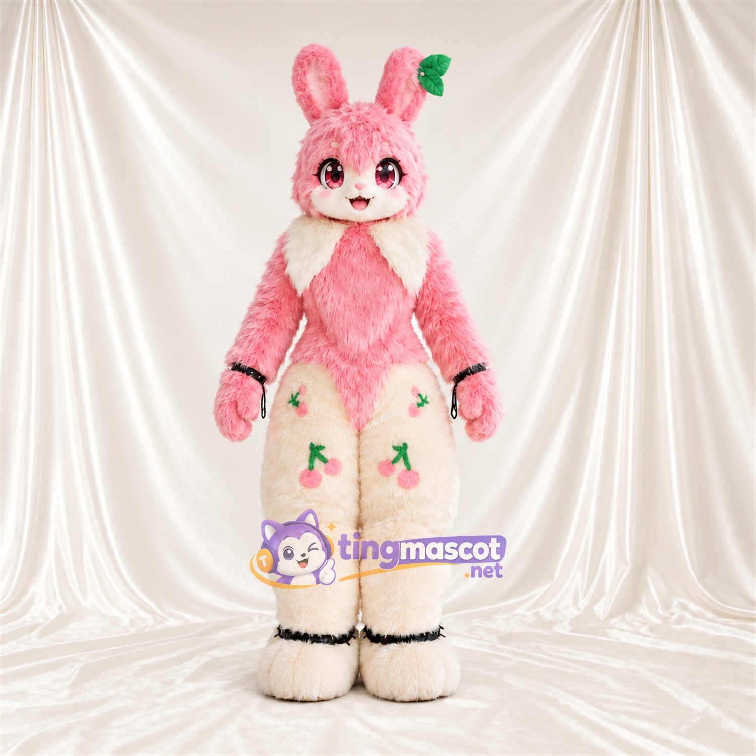 Maskottchenkostüm Hase – rosa / creme – Blumenschmuck an Beinen und Ohren Maskottchenkostüm Hase – rosa / creme – Blumenschmuck an Beinen und Ohren
