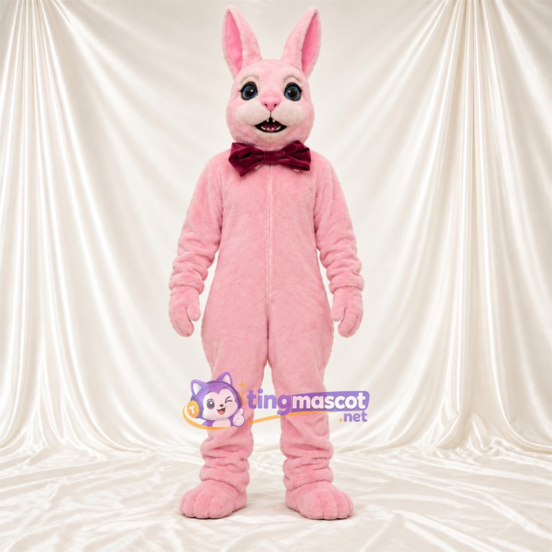Costume de mascotte Lapin – rose – Nœud papillon (bordeaux); Longues oreilles Costume de mascotte Lapin – rose – Nœud papillon (bordeaux); Longues oreilles
