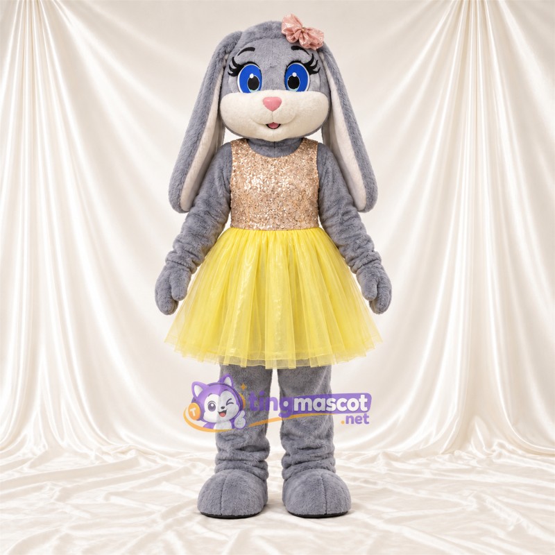 Maskottchenkostüm Hase – grau – Oberteil (goldfarben); Tutu (gelb)