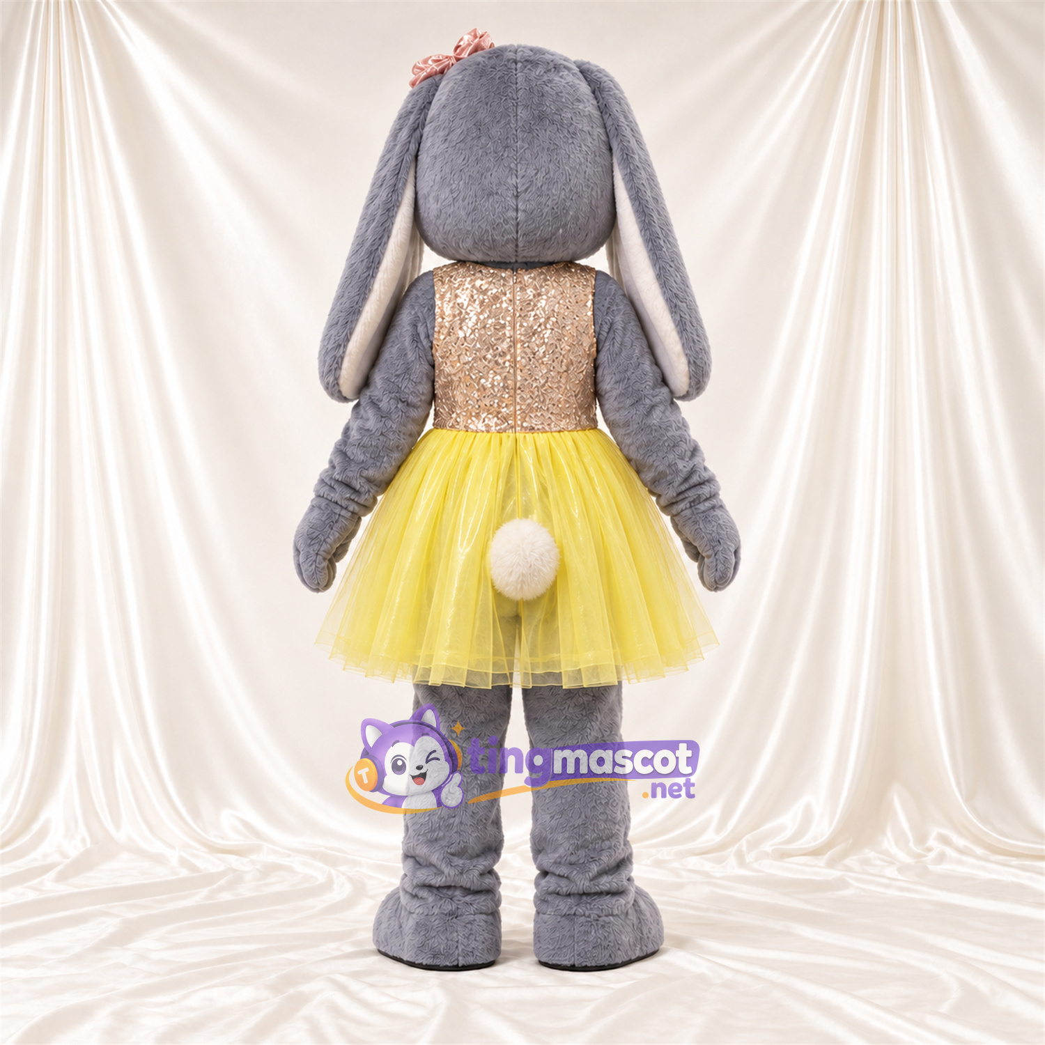 Maskottchenkostüm Hase – grau – Oberteil (goldfarben); Tutu (gelb) Maskottchenkostüm Hase – grau – Oberteil (goldfarben); Tutu (gelb)