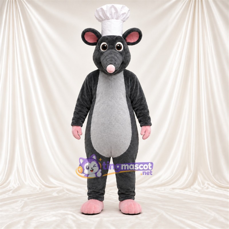 Maskottchenkostüm Maus – dunkelgrau – Kochmütze (weiß) Maskottchenkostüm Maus – dunkelgrau – Kochmütze (weiß)