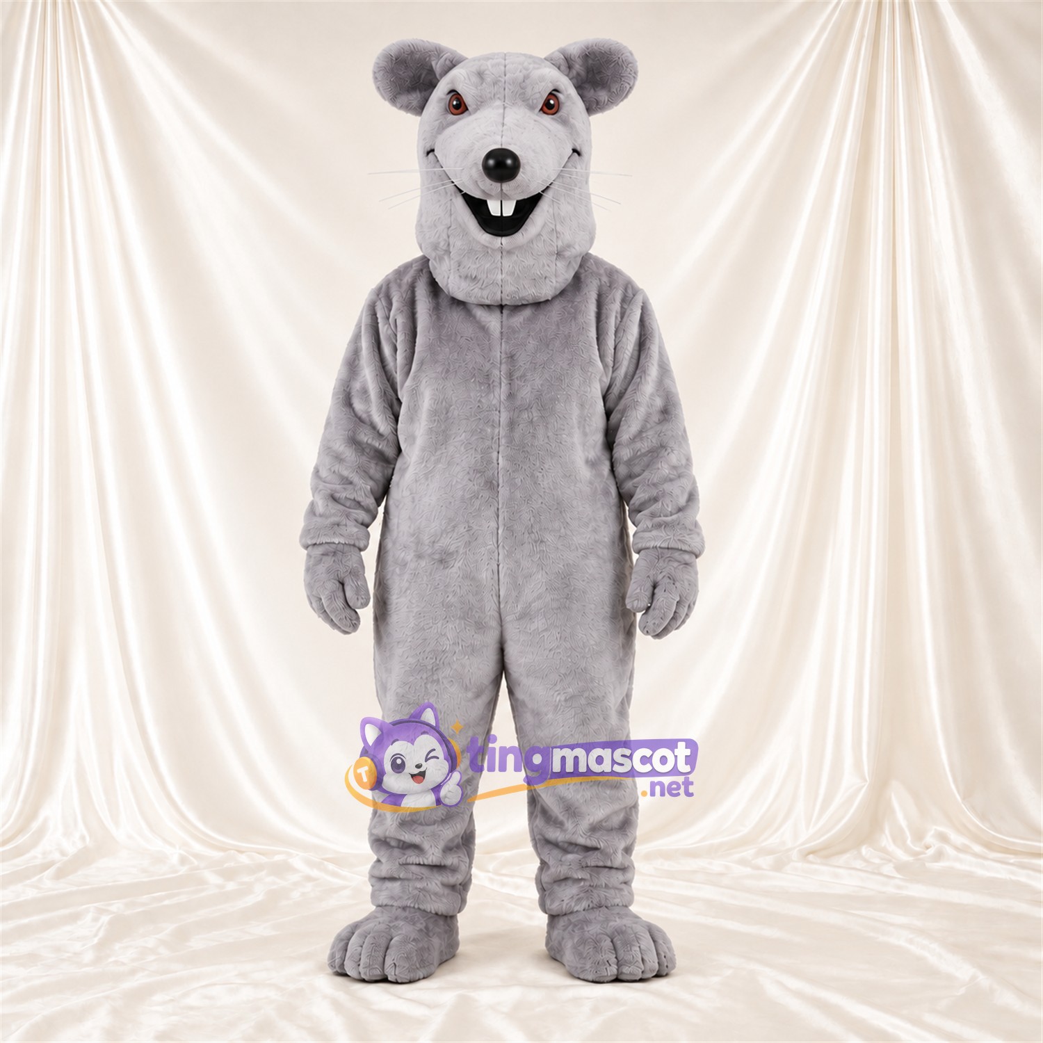 Maskottchenkostüm Maus – grau – Kleine runde Ohren; Lächelndes Gesicht Maskottchenkostüm Maus – grau – Kleine runde Ohren; Lächelndes Gesicht