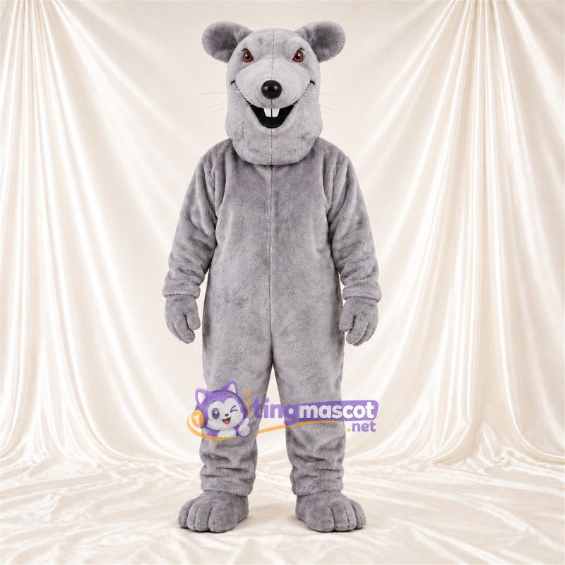 Maskottchenkostüm Maus – grau – Kleine runde Ohren; Lächelndes Gesicht Maskottchenkostüm Maus – grau – Kleine runde Ohren; Lächelndes Gesicht