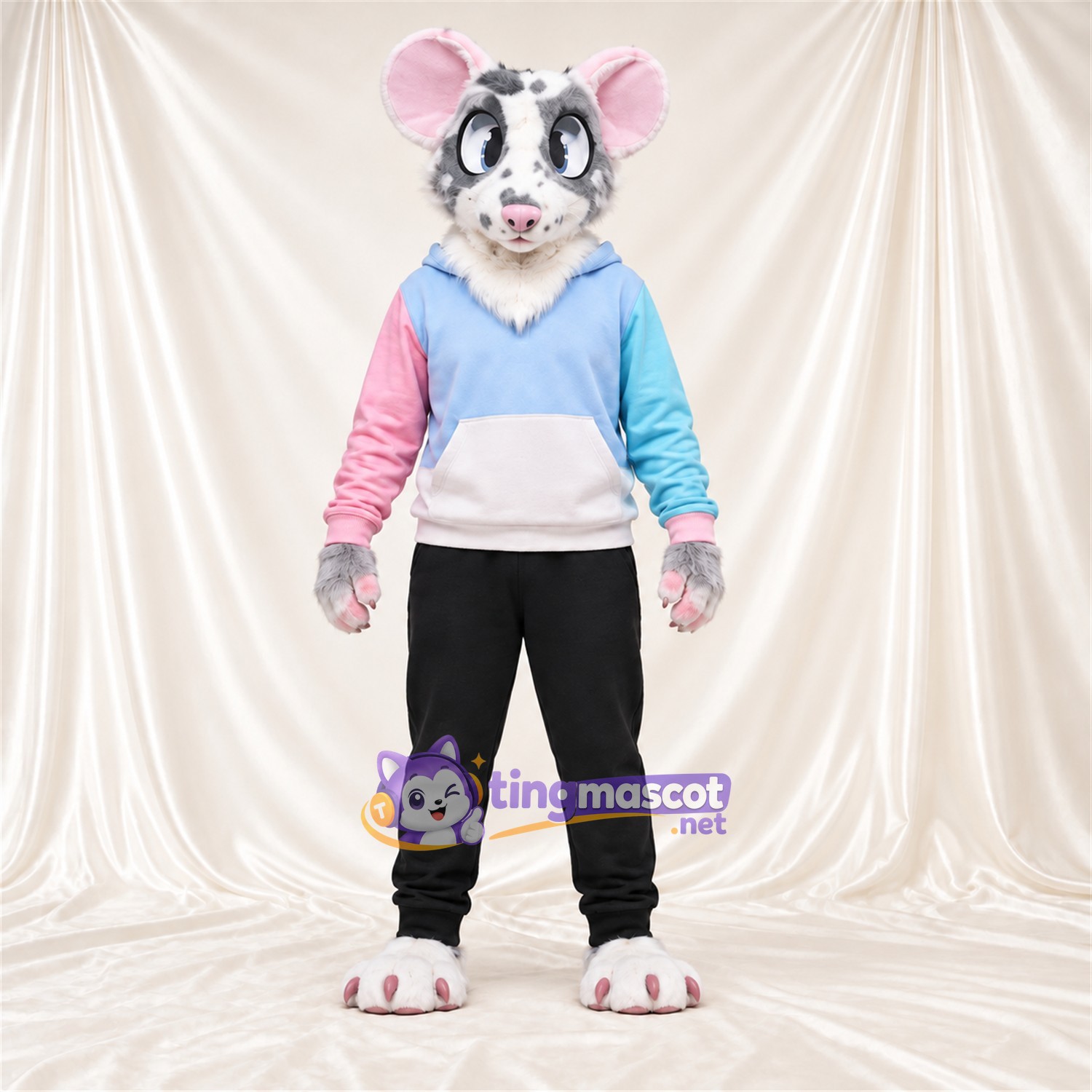 Costume de mascotte Souris – blanc – Sweat à capuche (bleu / rose) Costume de mascotte Souris – blanc – Sweat à capuche (bleu / rose)