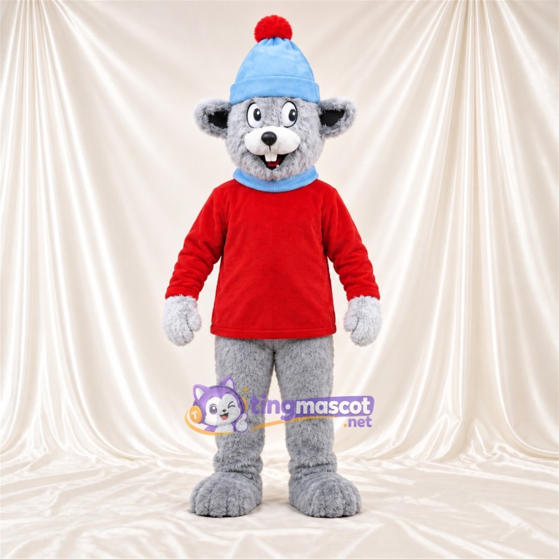 Costume de mascotte Souris – gris – Chemise (rouge); Chapeau (bleu)