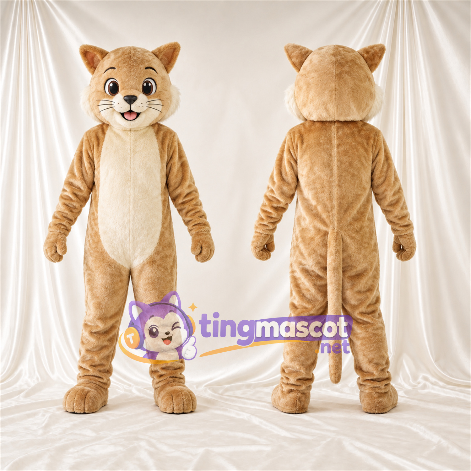 Costume de mascotte Chat – brun clair / blanc – Ventre (crème); Visage souriant Costume de mascotte Chat – brun clair / blanc – Ventre (crème); Visage souriant
