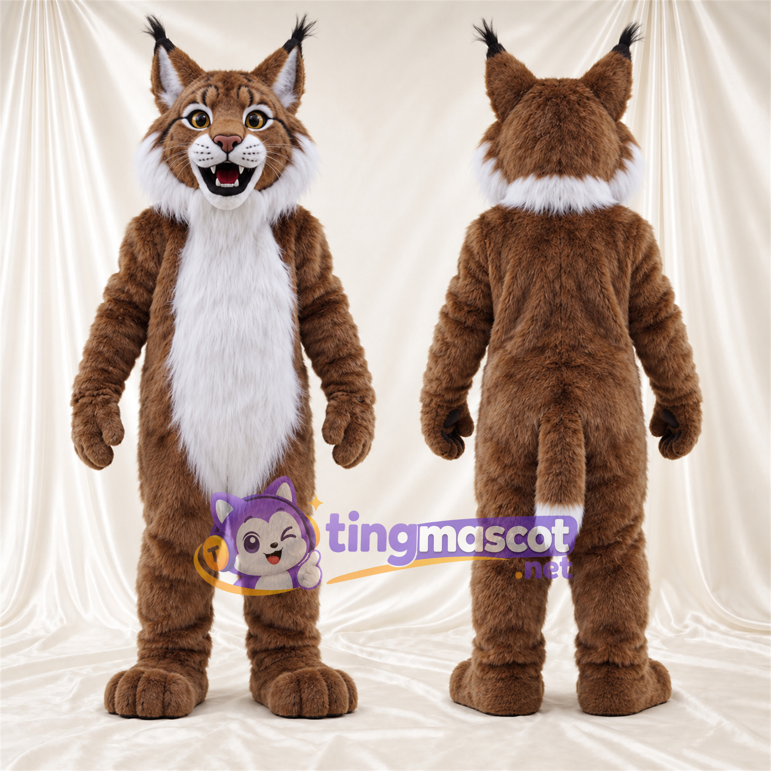 Brown and White Bobcat Mascot Costume - White Belly and Open Mouth Brown and White Bobcat Mascot Costume - White Belly and Open Mouth