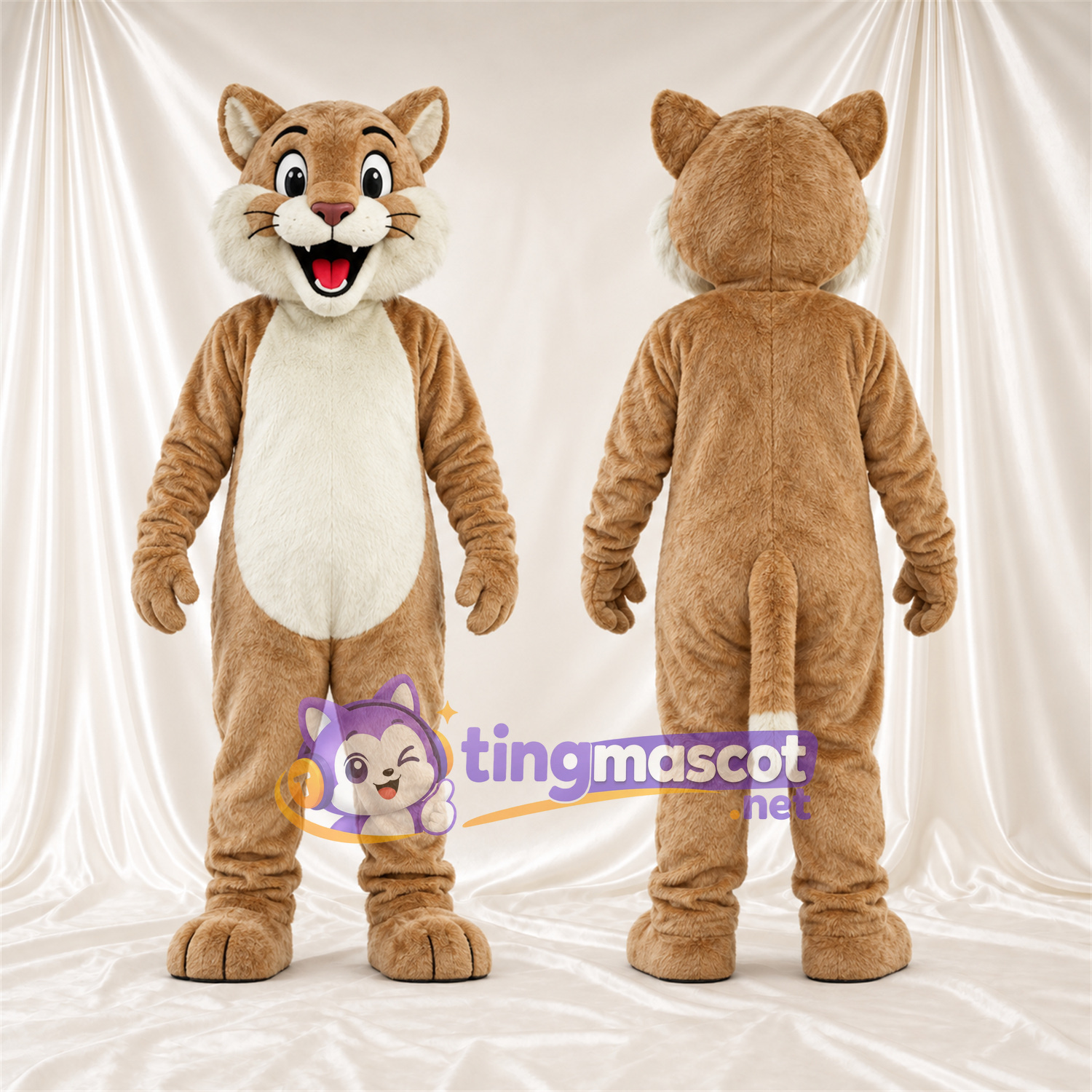 Maskottchenkostüm Katze – hellbraun / weiß – Bauch (weiß); Offener Mund Maskottchenkostüm Katze – hellbraun / weiß – Bauch (weiß); Offener Mund