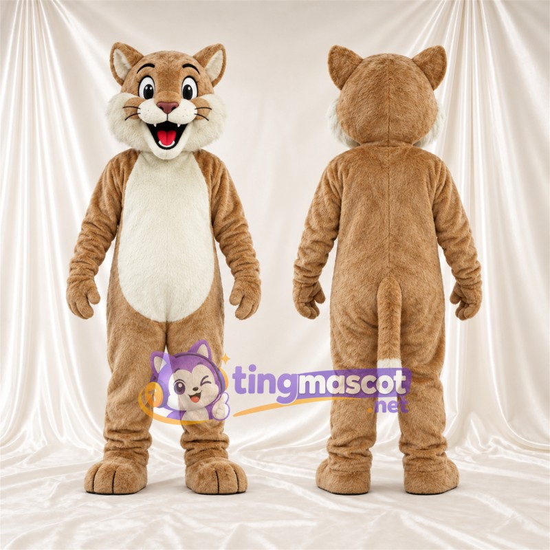 Costume de mascotte Chat – brun clair / blanc – Ventre (blanc); Bouche ouverte