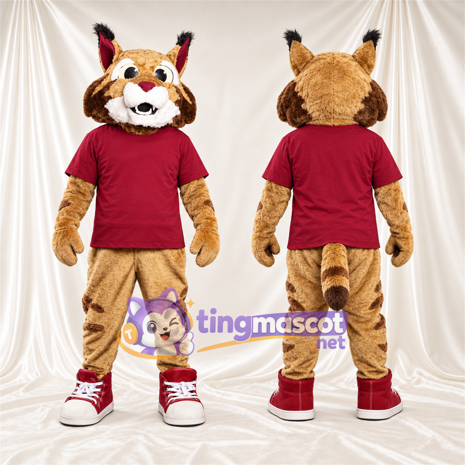 Costume de mascotte Lynx roux – brun clair – Chemise (bordeaux) Costume de mascotte Lynx roux – brun clair – Chemise (bordeaux)