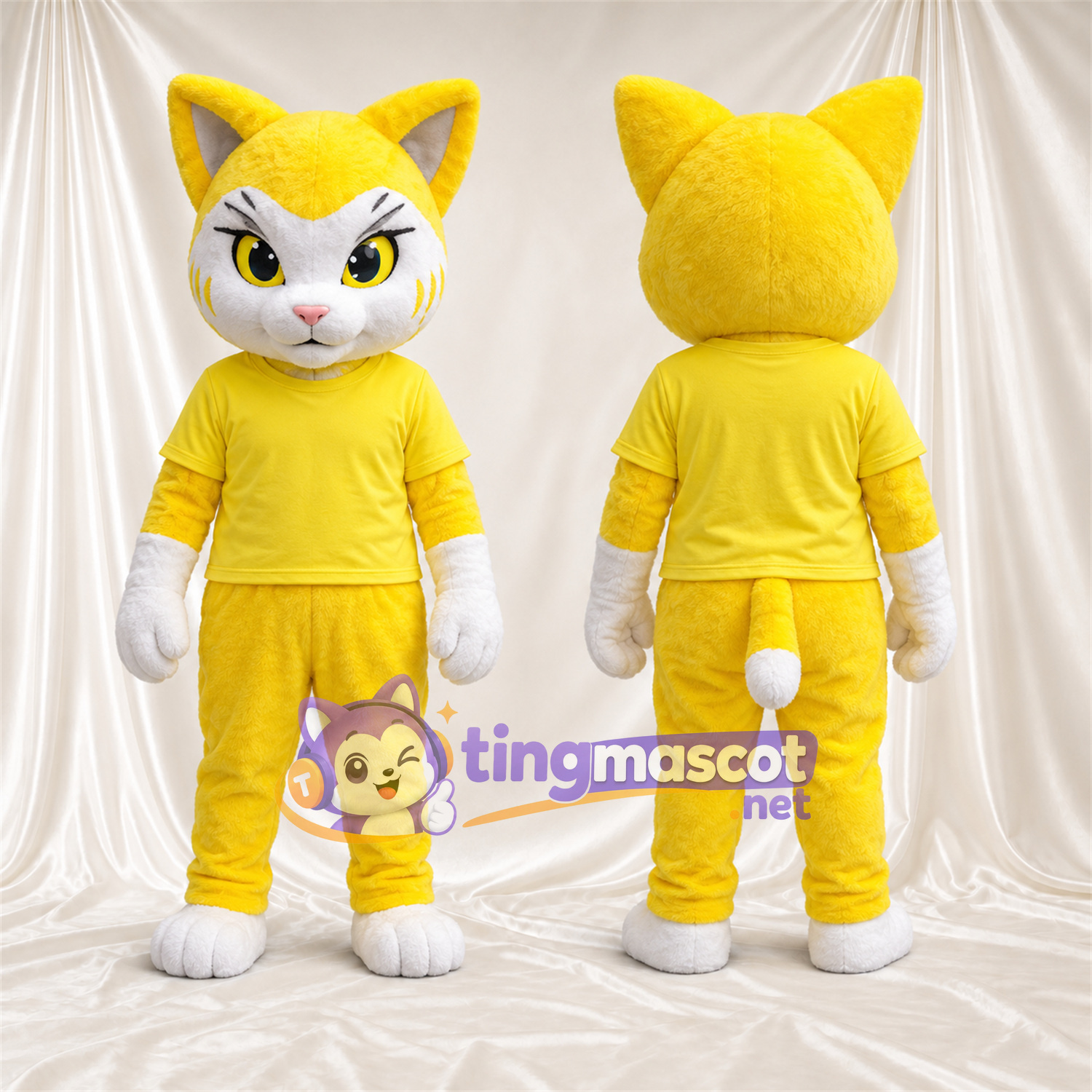Costume de mascotte Chat – jaune / blanc – Survêtement (jaune); Gants (blanc) Costume de mascotte Chat – jaune / blanc – Survêtement (jaune); Gants (blanc)