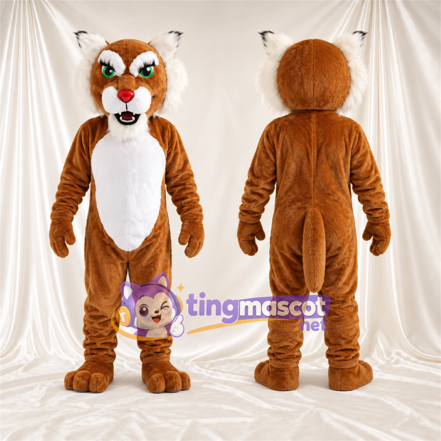 Brown and White Bobcat Mascot Costume - White Belly and Green Eyes Brown and White Bobcat Mascot Costume - White Belly and Green Eyes