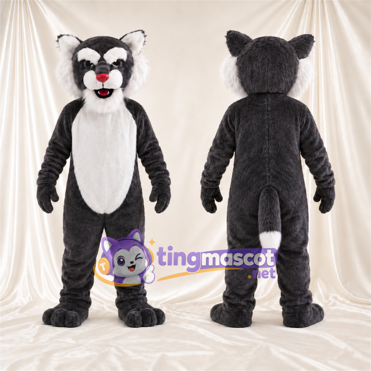 Costume de mascotte Chat – gris / blanc – Ventre (blanc); Bout de la queue (blanc)