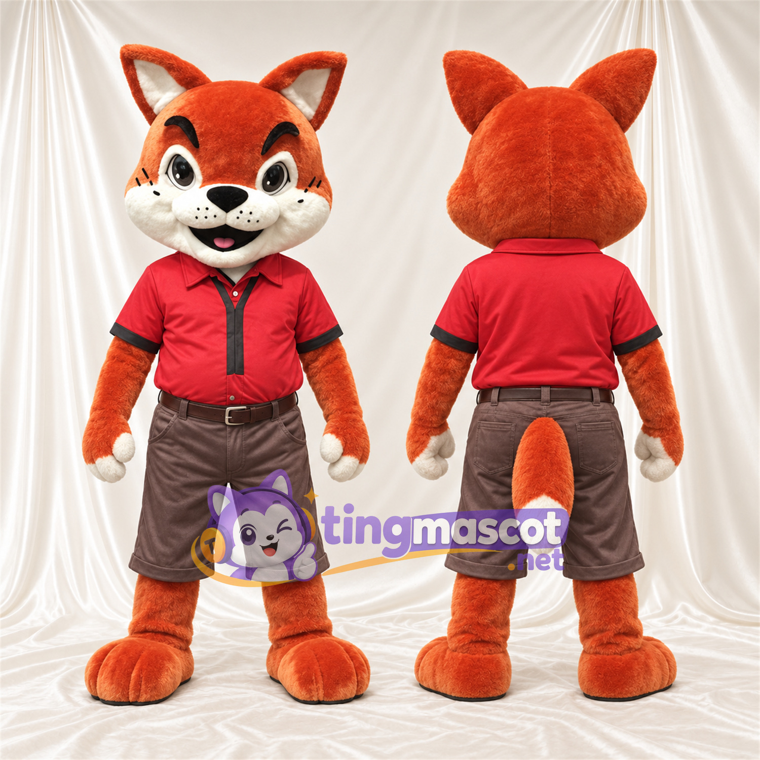 Maskottchenkostüm Fuchs – orange / weiß – Poloshirt (rot); Shorts (braun) Maskottchenkostüm Fuchs – orange / weiß – Poloshirt (rot); Shorts (braun)