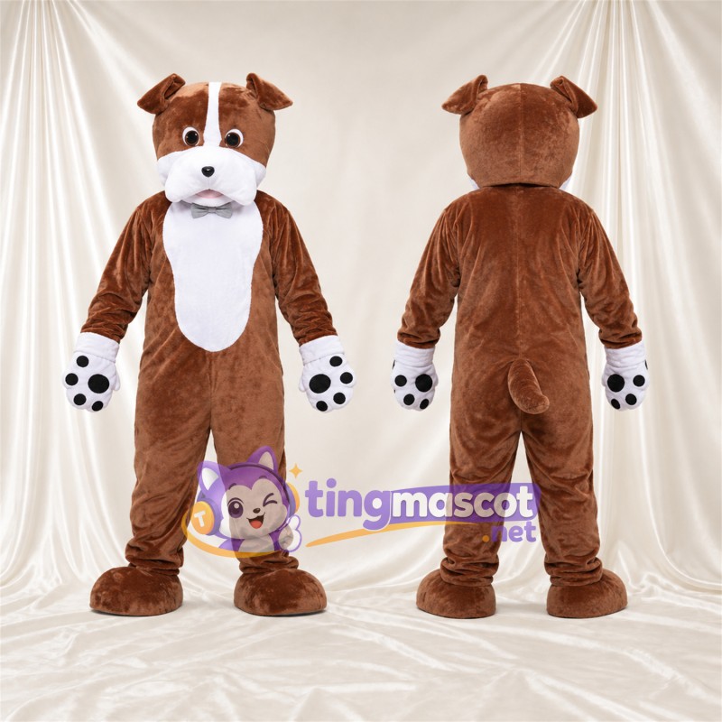 Costume de mascotte Chien – marron / blanc – Coussinets (noir); Liste sur le visage (blanc)