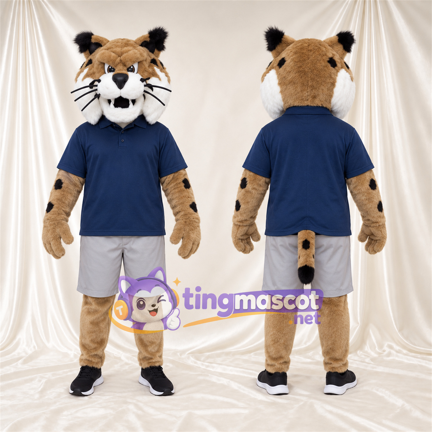 Costume de mascotte Lynx roux – brun clair – Chemise (bleu marine); Short (blanc) Costume de mascotte Lynx roux – brun clair – Chemise (bleu marine); Short (blanc)