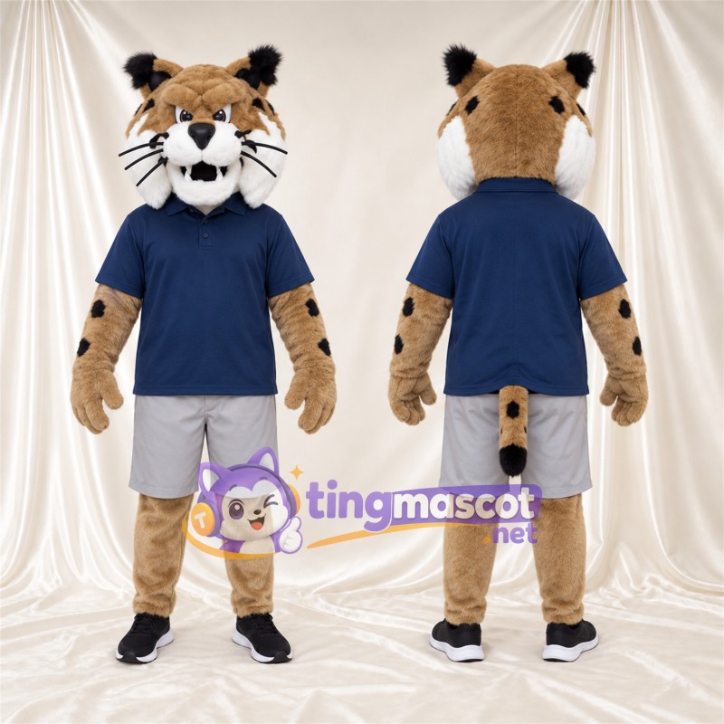 Costume de mascotte Lynx roux – brun clair – Chemise (bleu marine); Short (blanc)