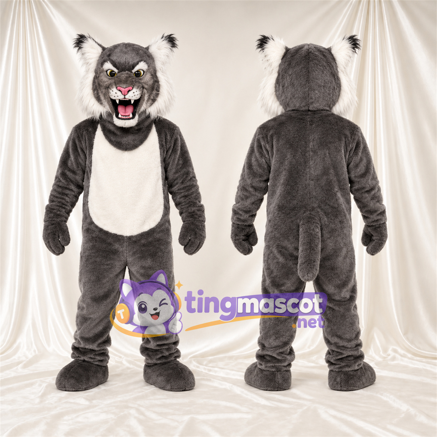 Maskottchenkostüm Rotluchs – grau / weiß – Bauch (weiß); Spitze Fangzähne Maskottchenkostüm Rotluchs – grau / weiß – Bauch (weiß); Spitze Fangzähne