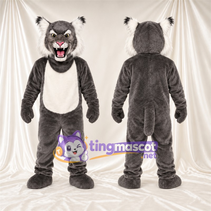 Maskottchenkostüm Rotluchs – grau / weiß – Bauch (weiß); Spitze Fangzähne