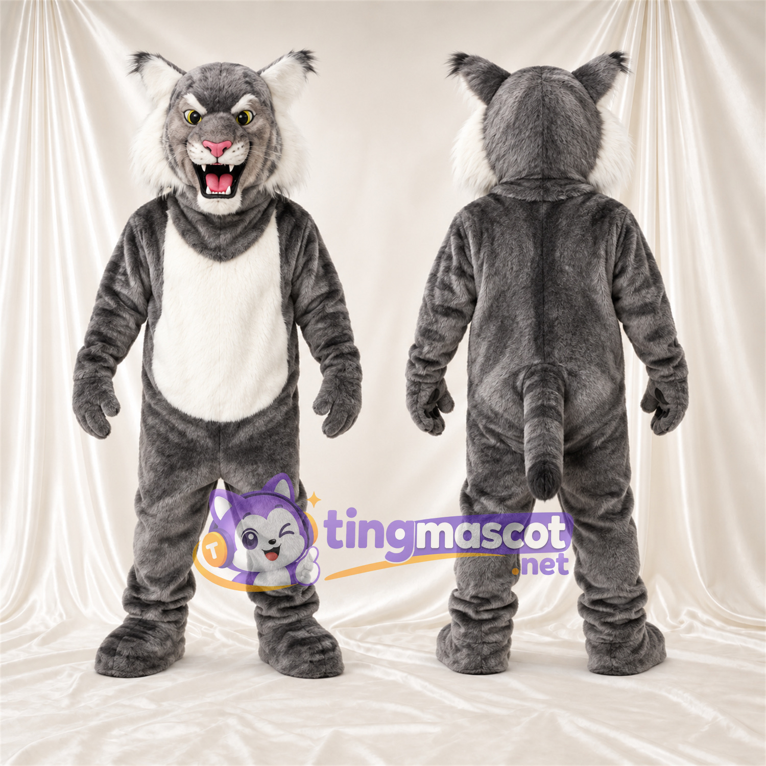 Maskottchenkostüm Rotluchs – grau / weiß – Bauch (weiß); Streifen (schwarz) Maskottchenkostüm Rotluchs – grau / weiß – Bauch (weiß); Streifen (schwarz)