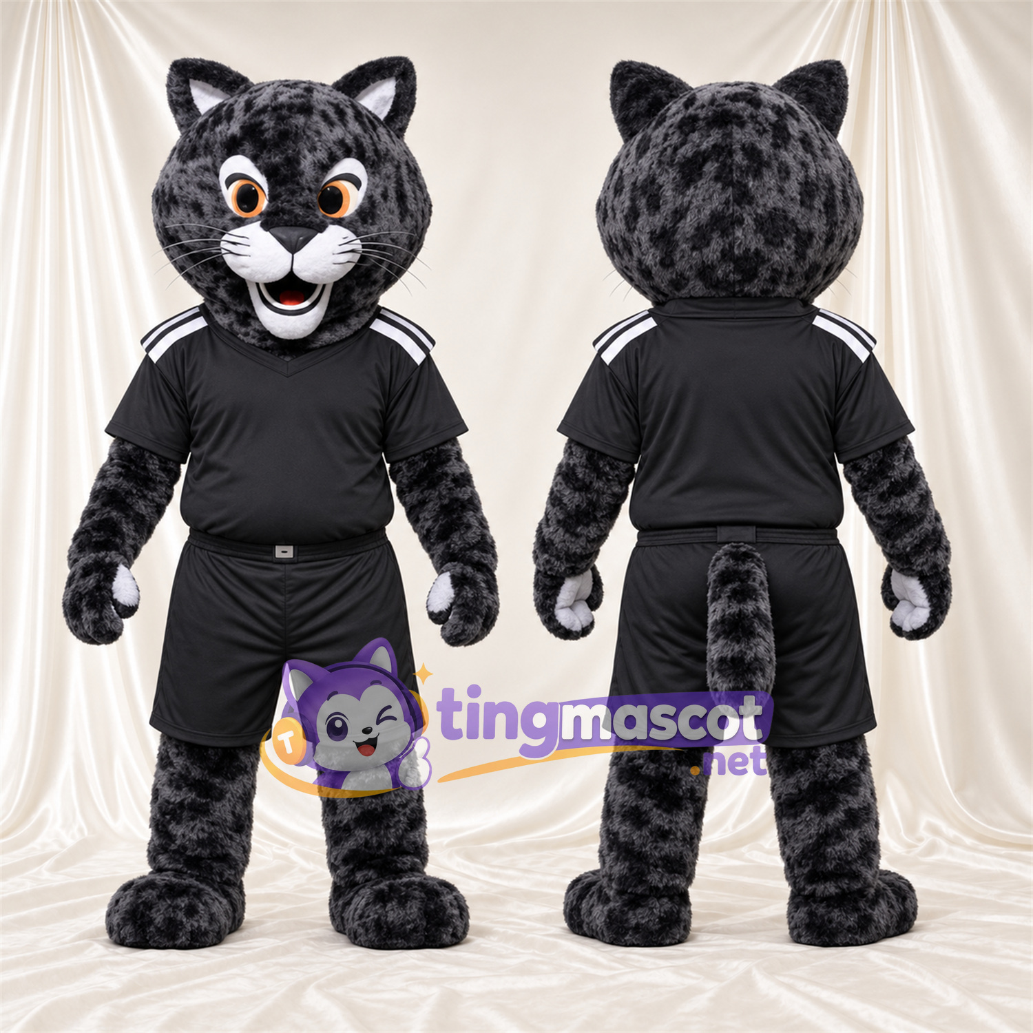 Maskottchenkostüm Gefleckte Katze – schwarz – Sporttrikot (schwarz) Maskottchenkostüm Gefleckte Katze – schwarz – Sporttrikot (schwarz)